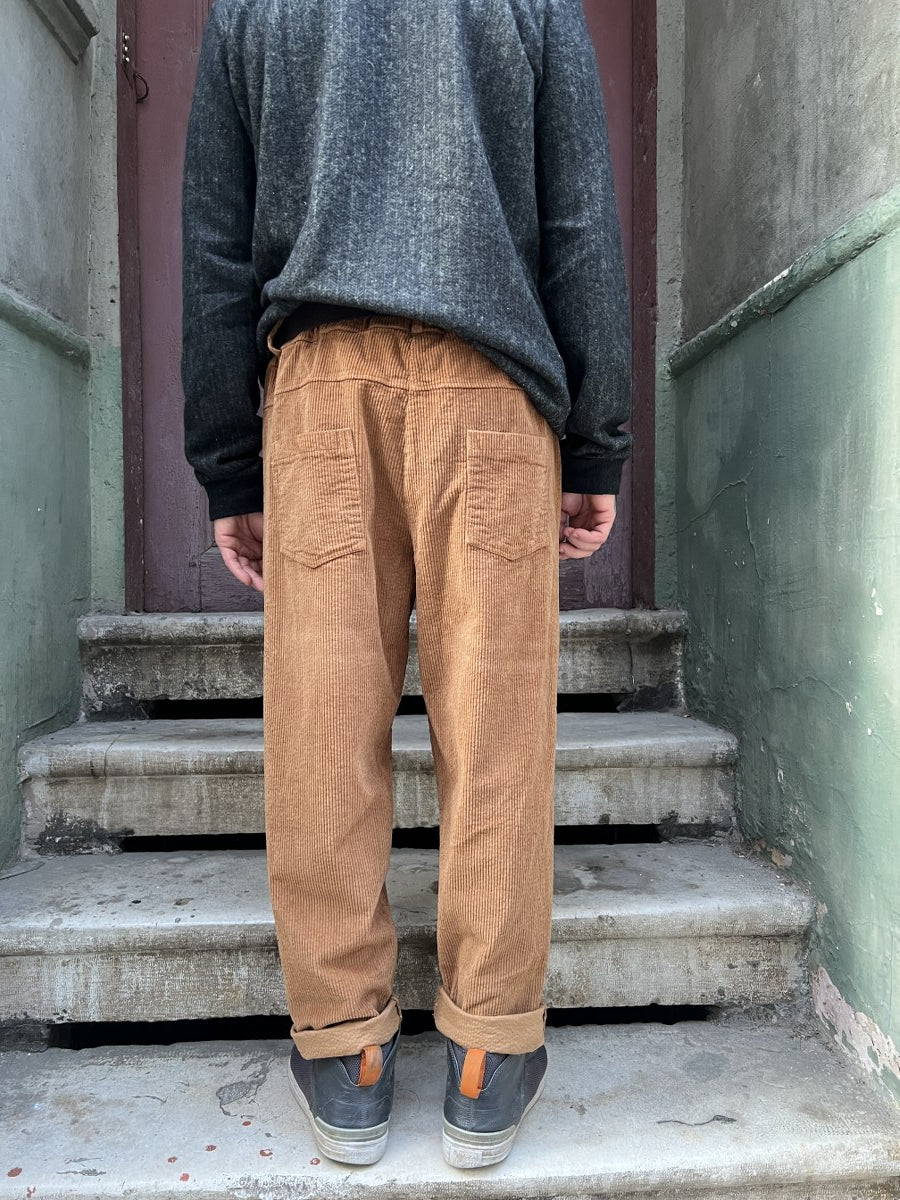 Unisex Fitilli Kışlık Kadife Pantolon Camel – Beli Lastikli, Cepli