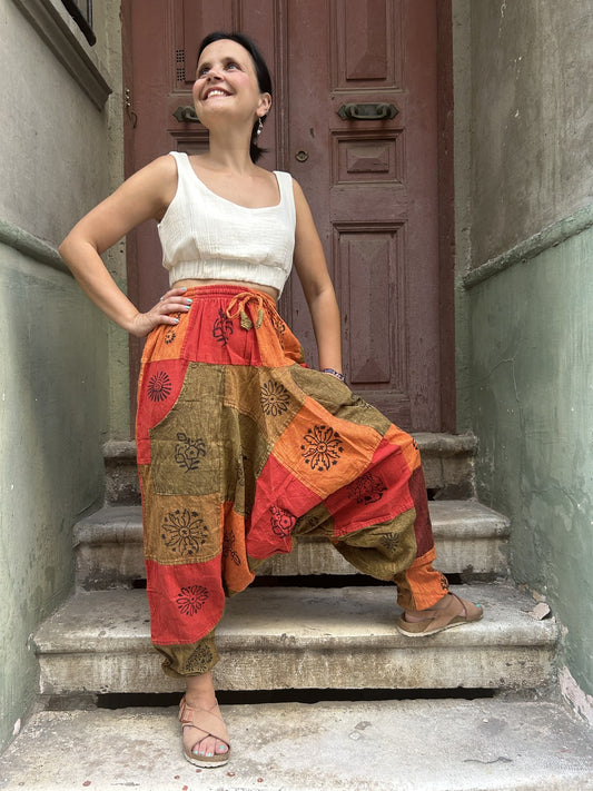 Unisex Nepal Patchwork Kahve Kırmızı Kadın Pantolon Şalvar