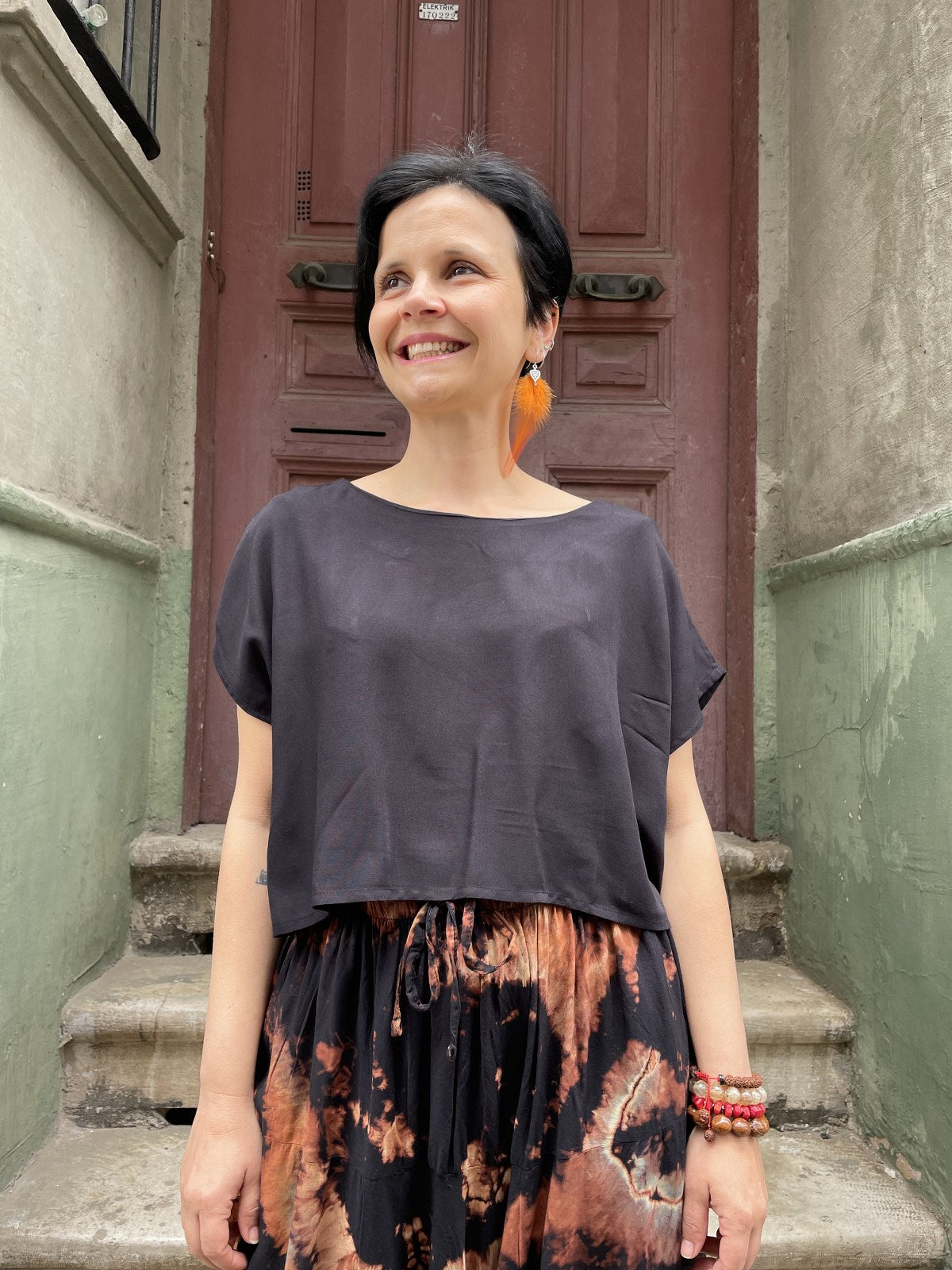 Bohem Kayık Yaka Crop Bluz