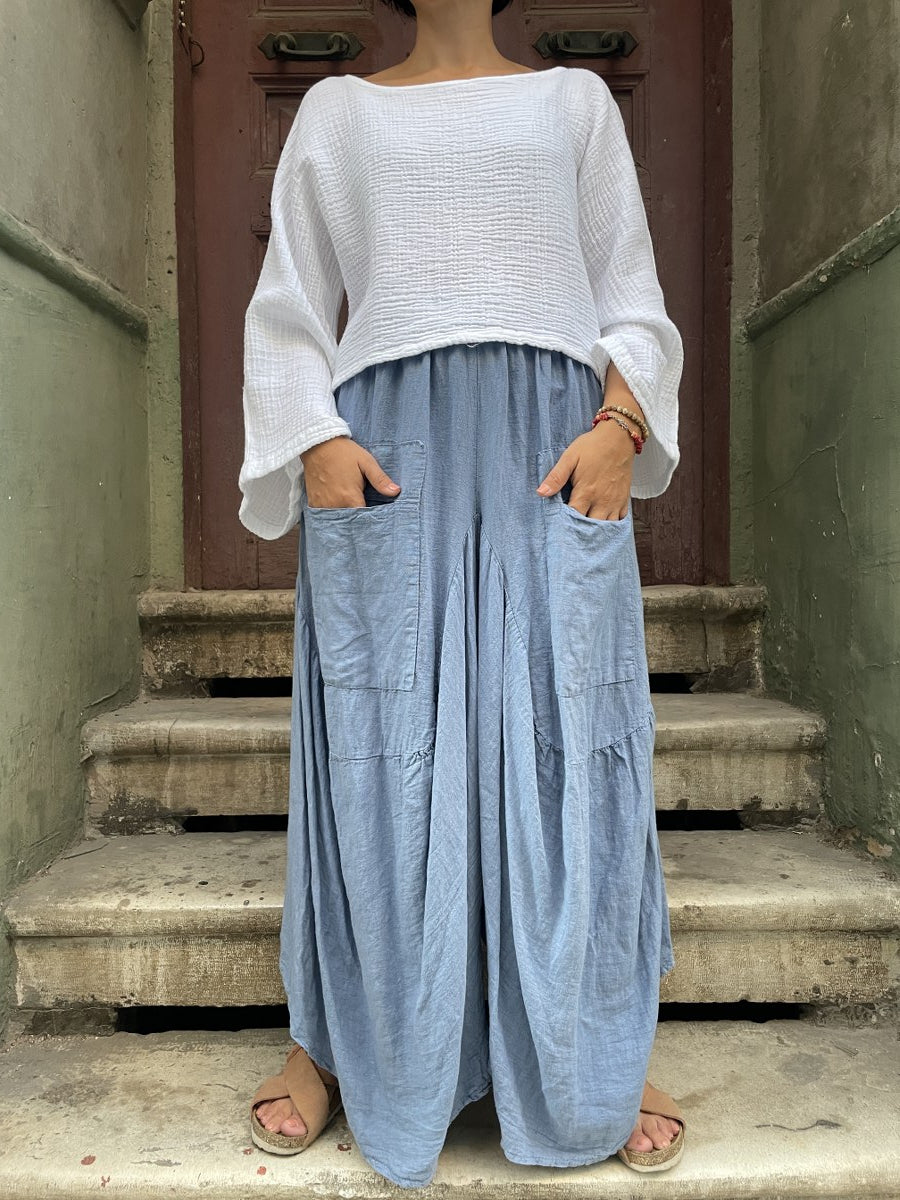 Bohem Kadın Keten Geniş Paça Pantolon