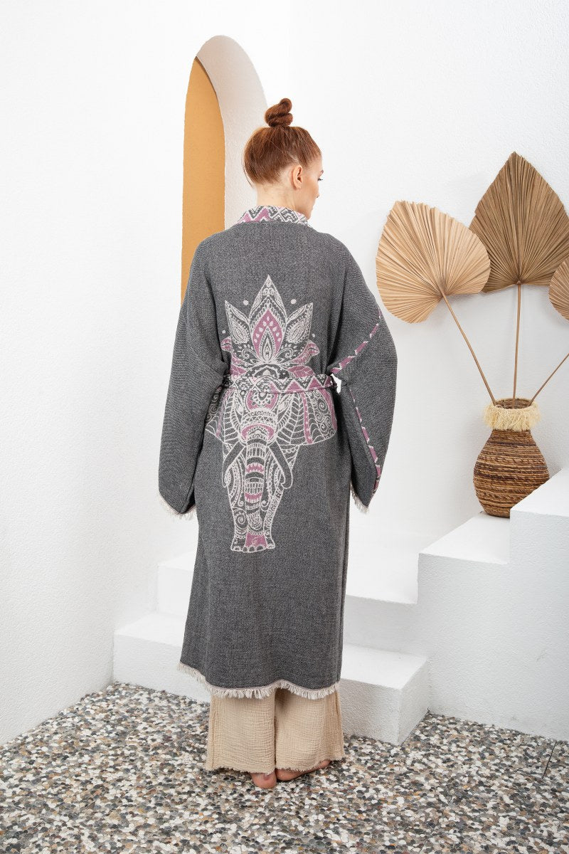 Antrasit Bohem Kadın Fil Desenli Doğal Kumaş Kimono Bornoz Kaftan