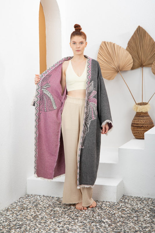 Antrasit Bohem Kadın Fil Desenli Doğal Kumaş Kimono Bornoz Kaftan