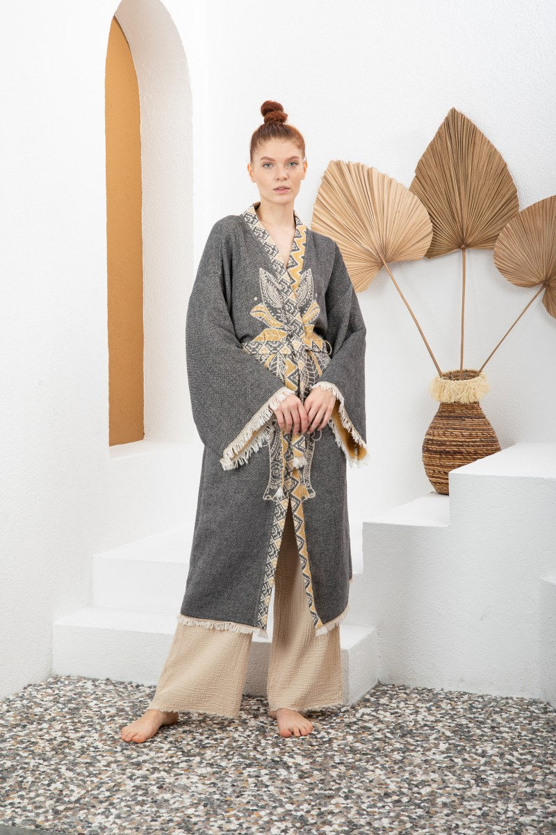Antrasit Bohem Kadın Fil Desenli Doğal Kumaş Kimono Bornoz Kaftan