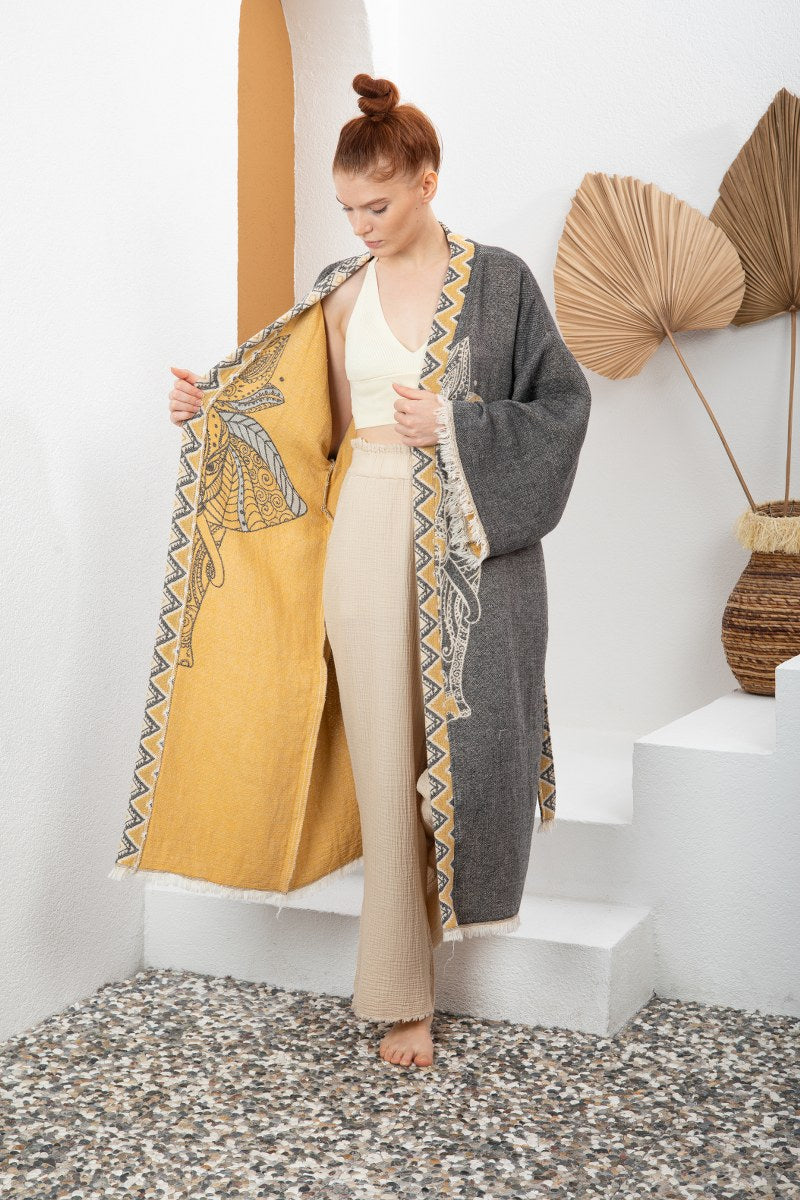 Antrasit Bohem Kadın Fil Desenli Doğal Kumaş Kimono Bornoz Kaftan