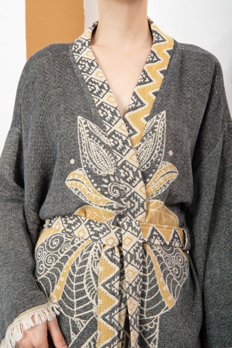 Antrasit Bohem Kadın Fil Desenli Doğal Kumaş Kimono Bornoz Kaftan