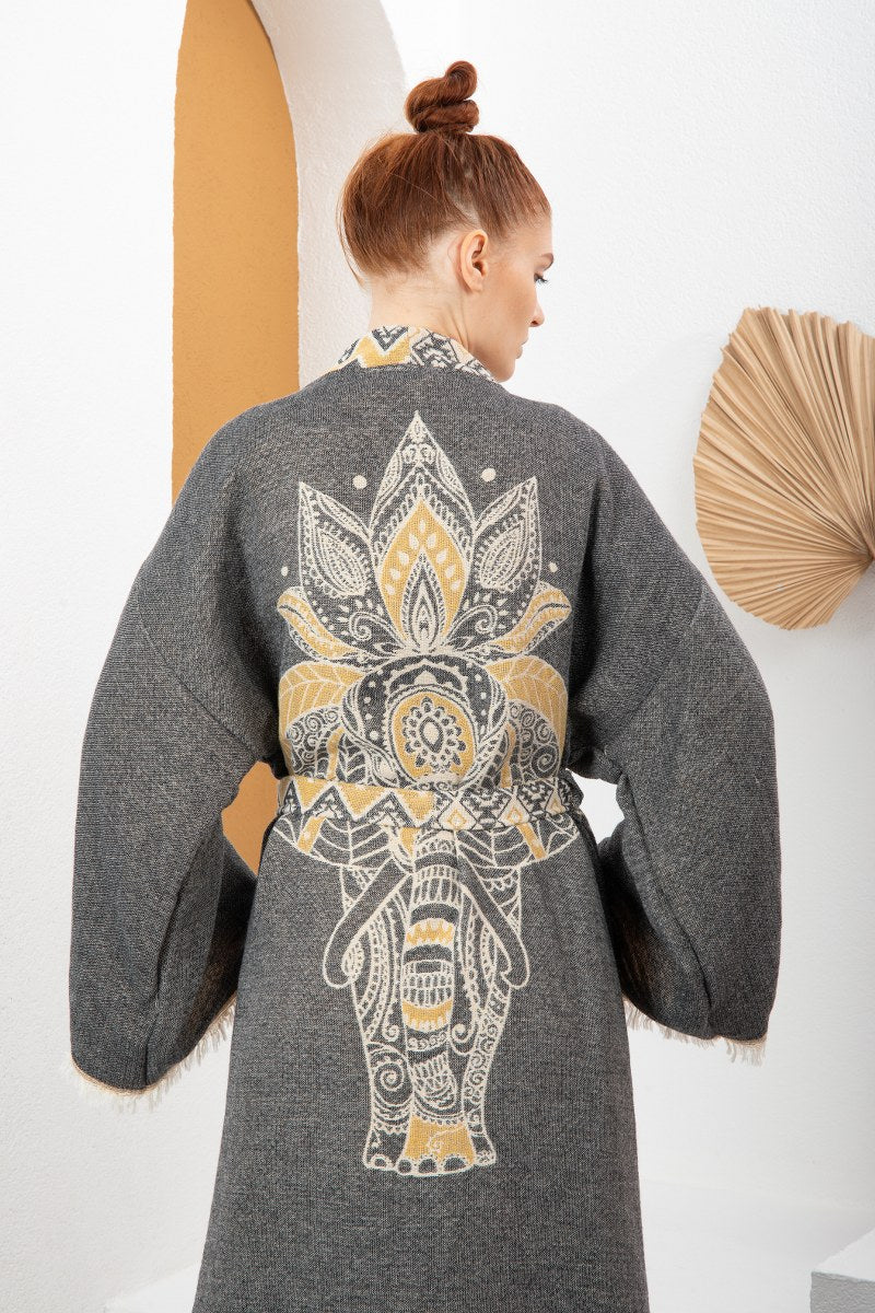 Antrasit Bohem Kadın Fil Desenli Doğal Kumaş Kimono Bornoz Kaftan