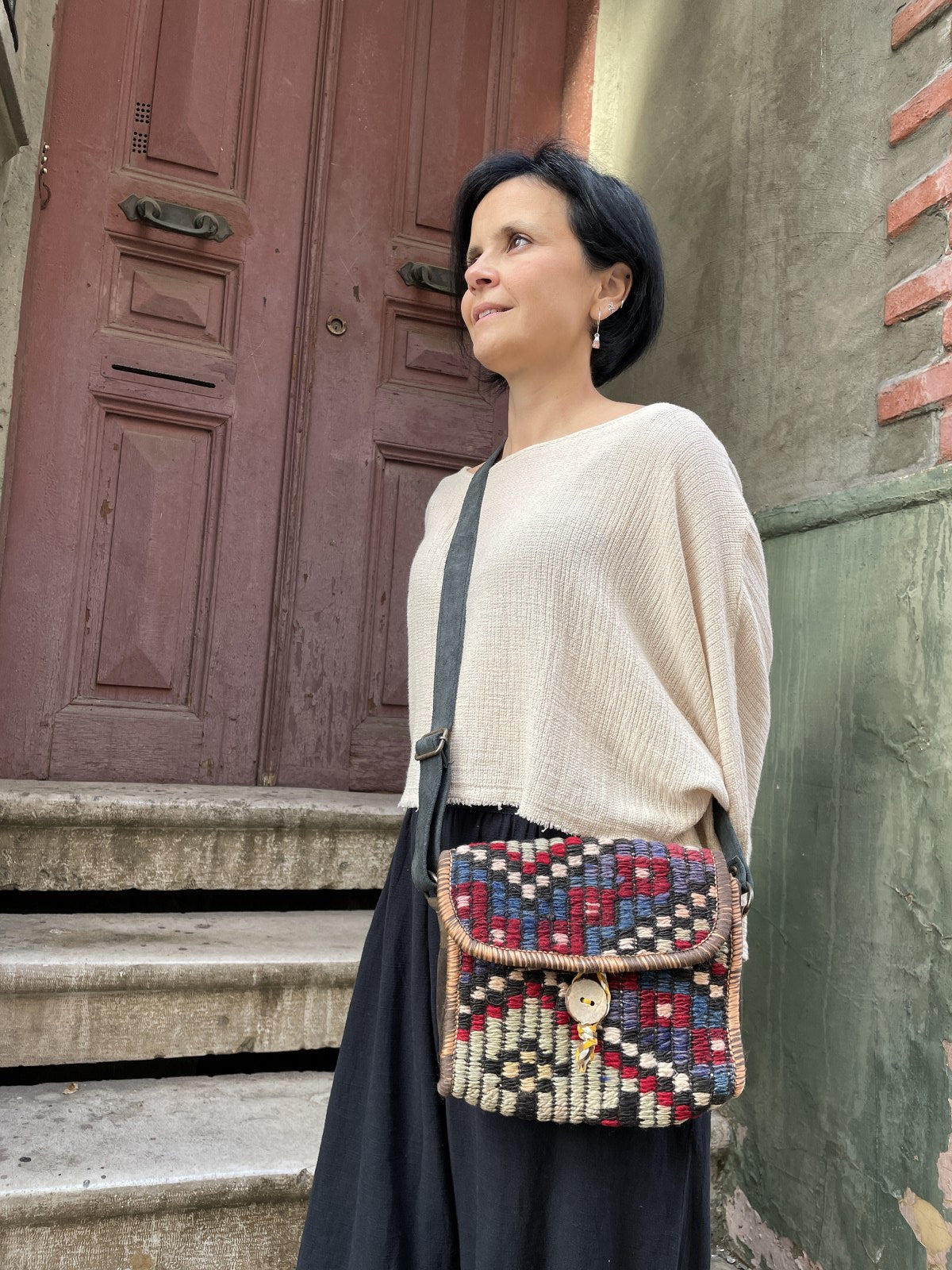 Bohem Kilim Deri Kırmızı Mavi Omuz Çantası