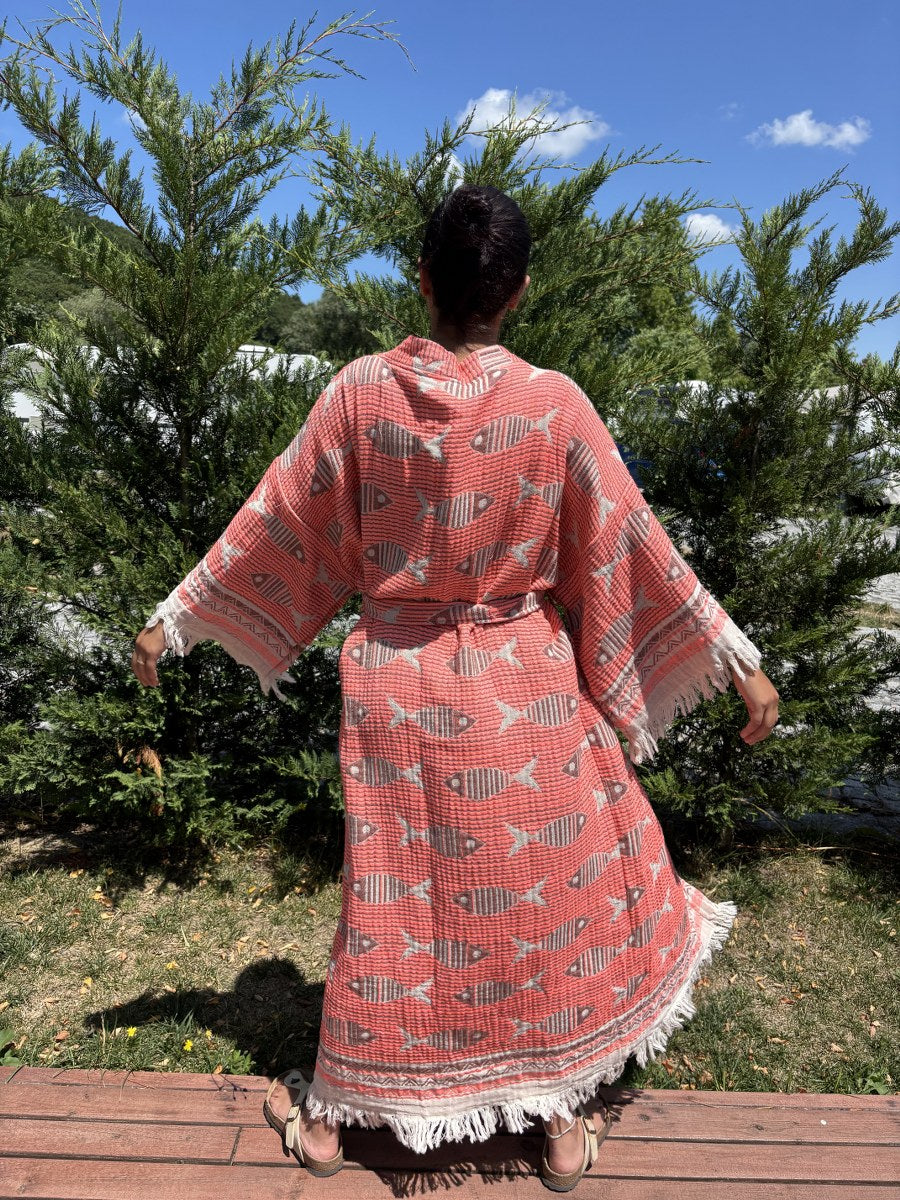 Balık Desenli Unisex Pamuk Kaftan