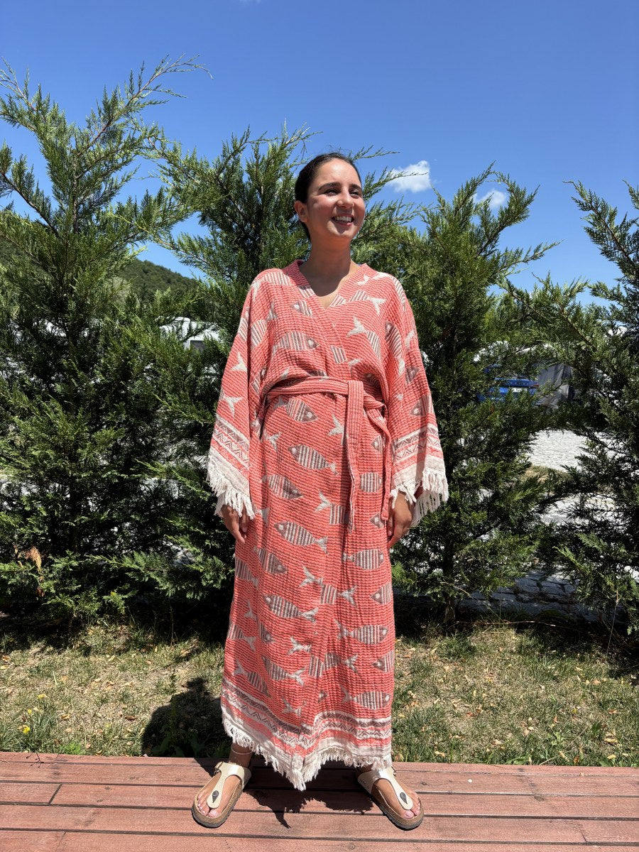 Balık Desenli Unisex Pamuk Kaftan