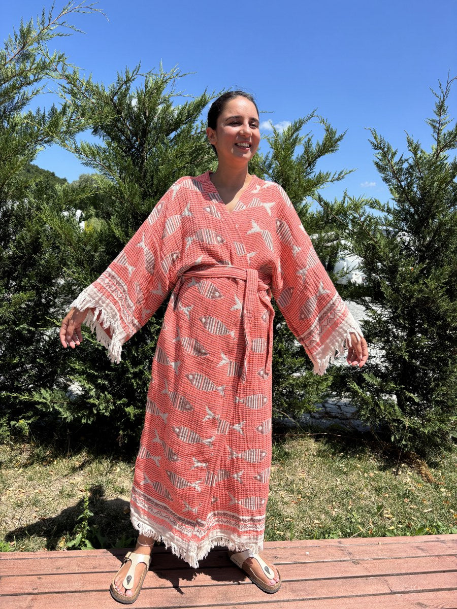 Balık Desenli Unisex Pamuk Kaftan