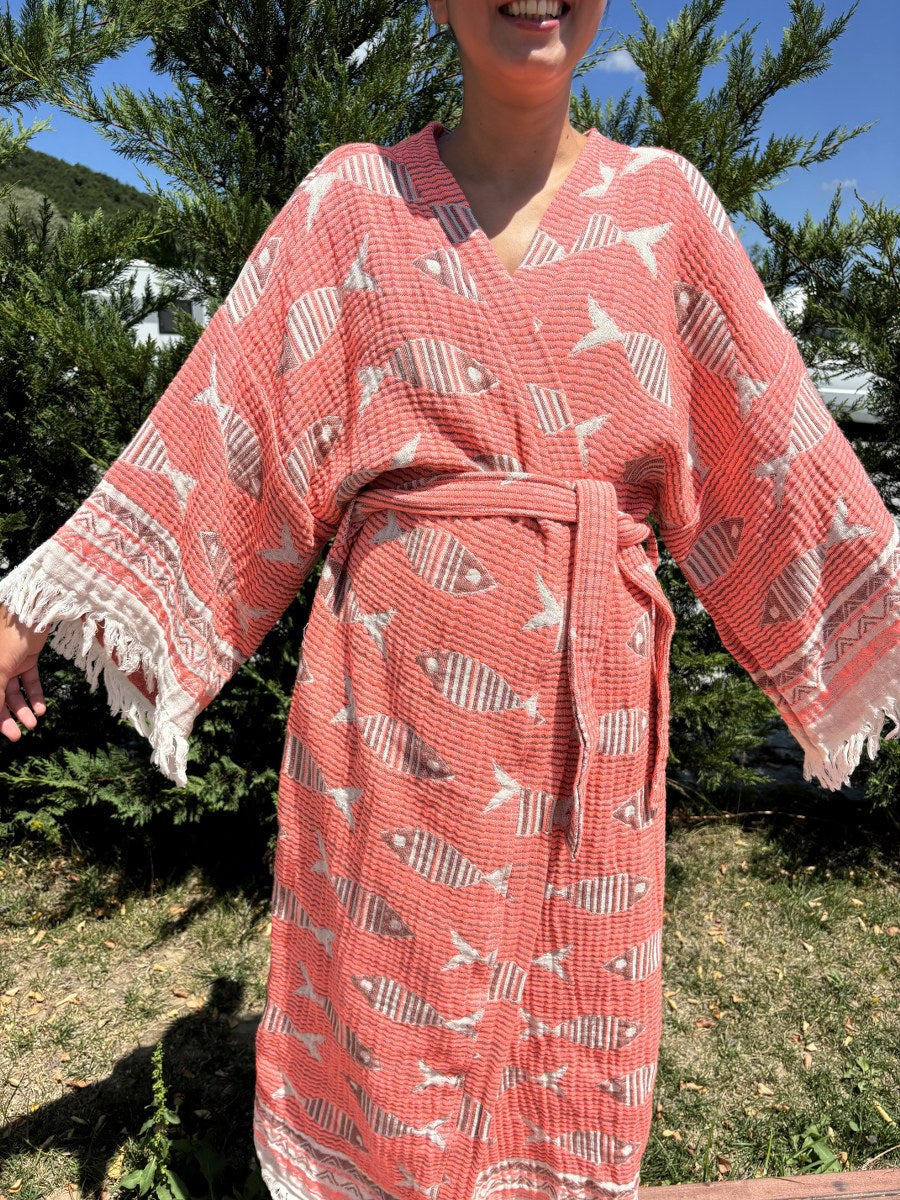 Balık Desenli Unisex Pamuk Kaftan