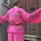 Bohem Gözlü Desenli Kadın Pembe Müslin Kimono