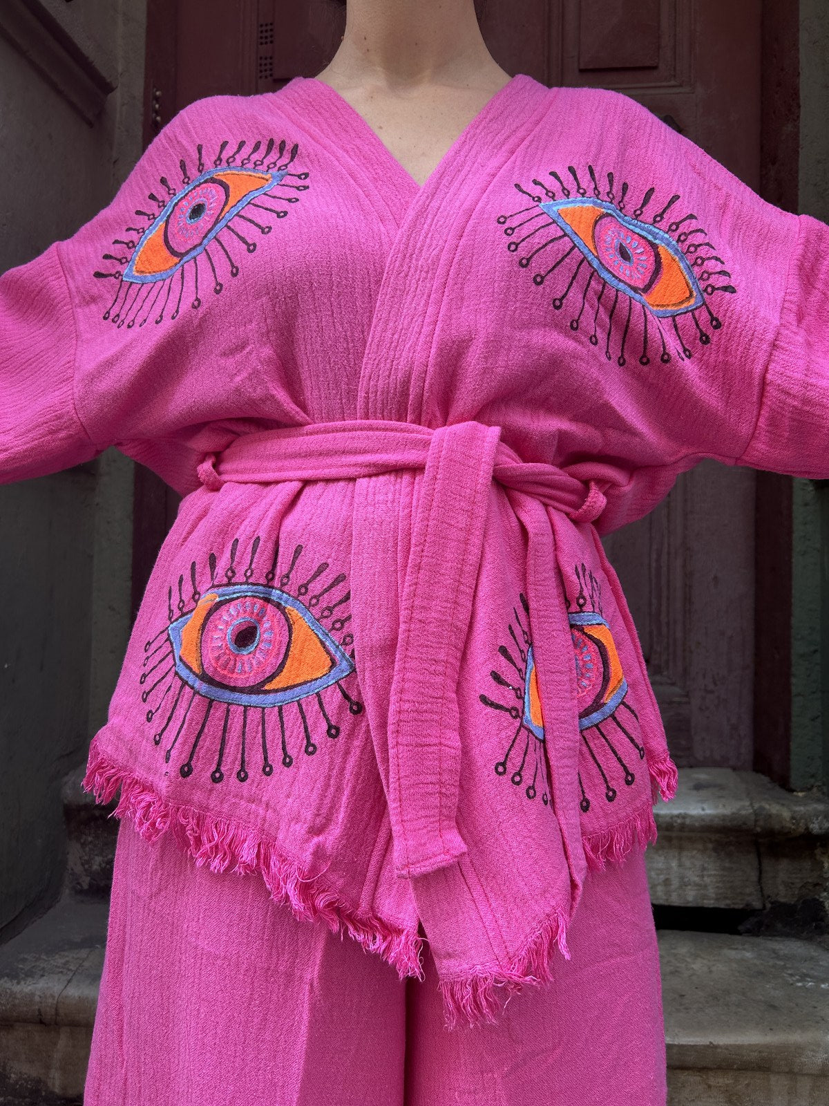 Bohem Gözlü Desenli Kadın Pembe Müslin Kimono
