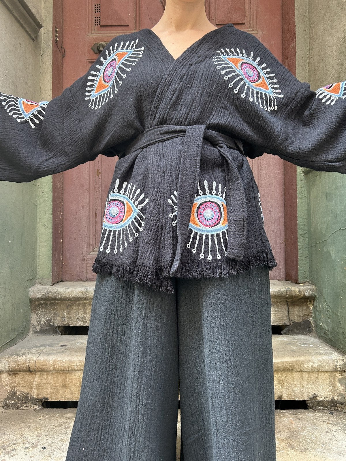 Bohem Gözlü Desenli Kadın Siyah Müslin Kimono