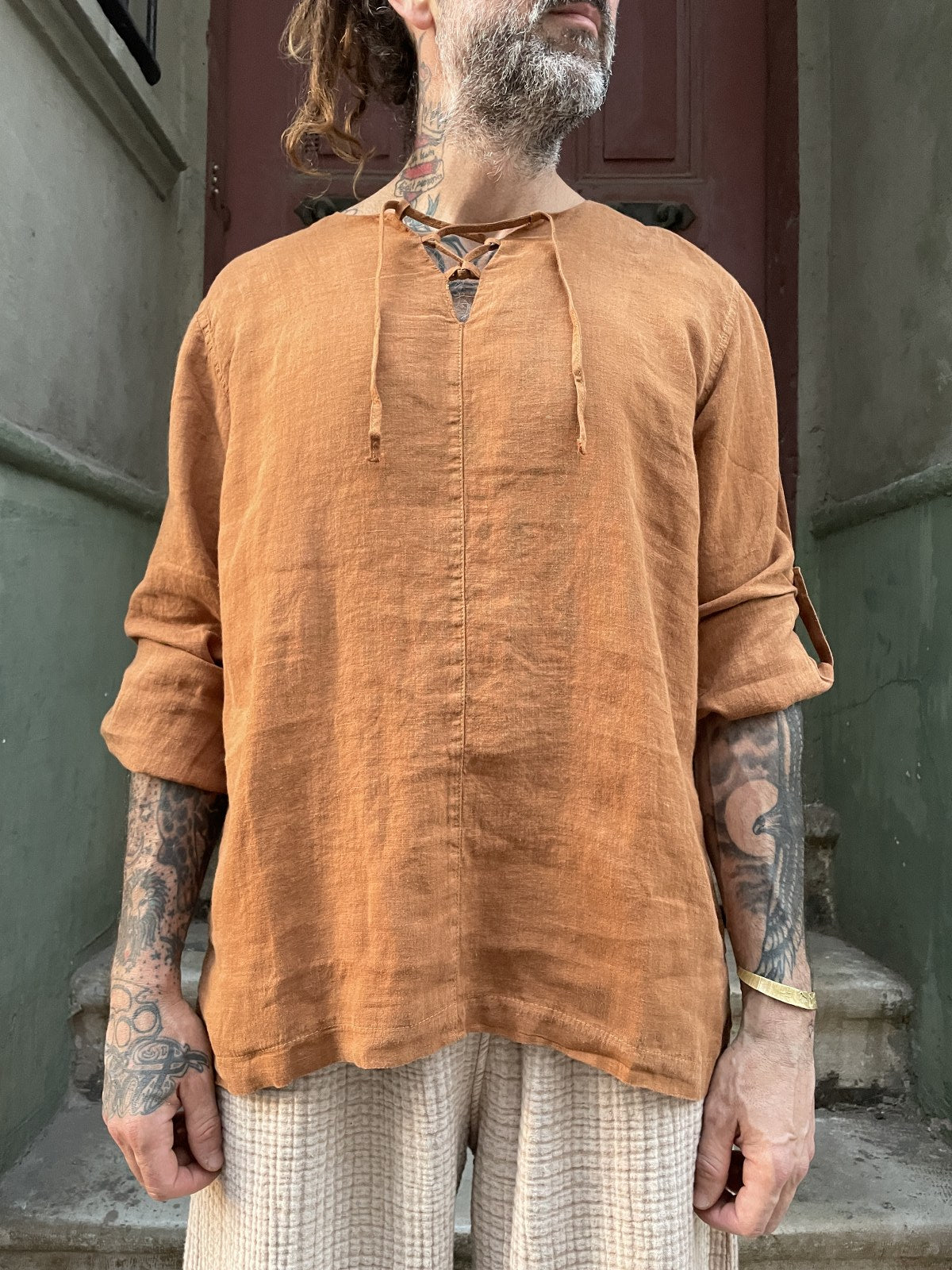 Bohem Bağcıklı Erkek Keten Gömlek