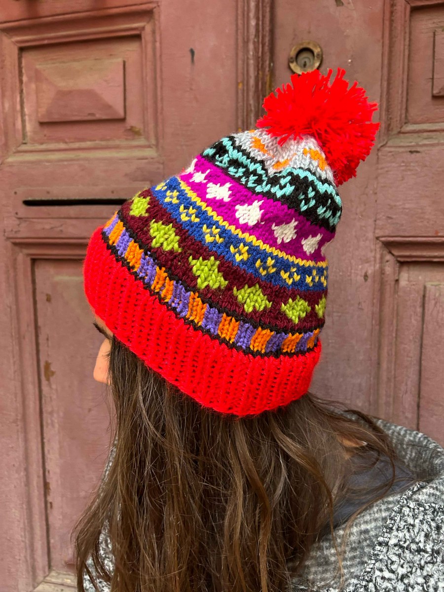 Bohem Kırmızı Mor Motifli Yün Bere Eldiven Takımı