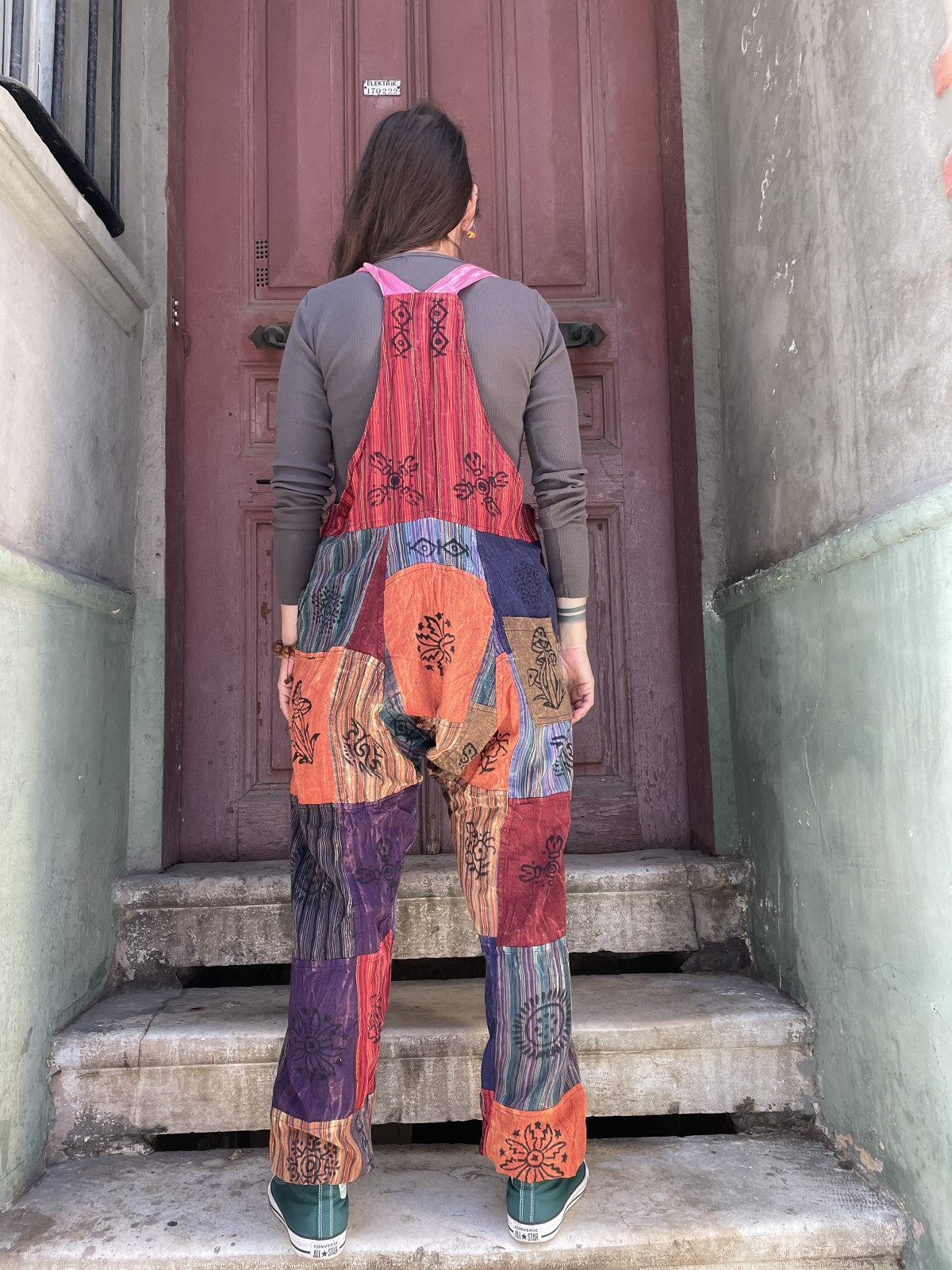 Unisex Kırmızı Pembe Nepal Patchwork Tulum