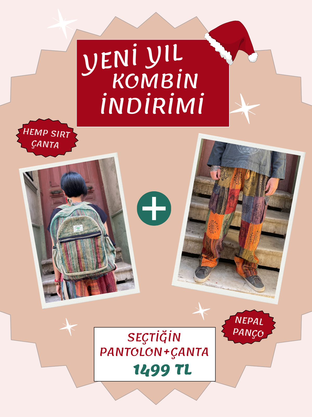 Yeni Yıl Kombin İndirimi Nepal Patchwork Pantolon + Hemp Sırt Çantası