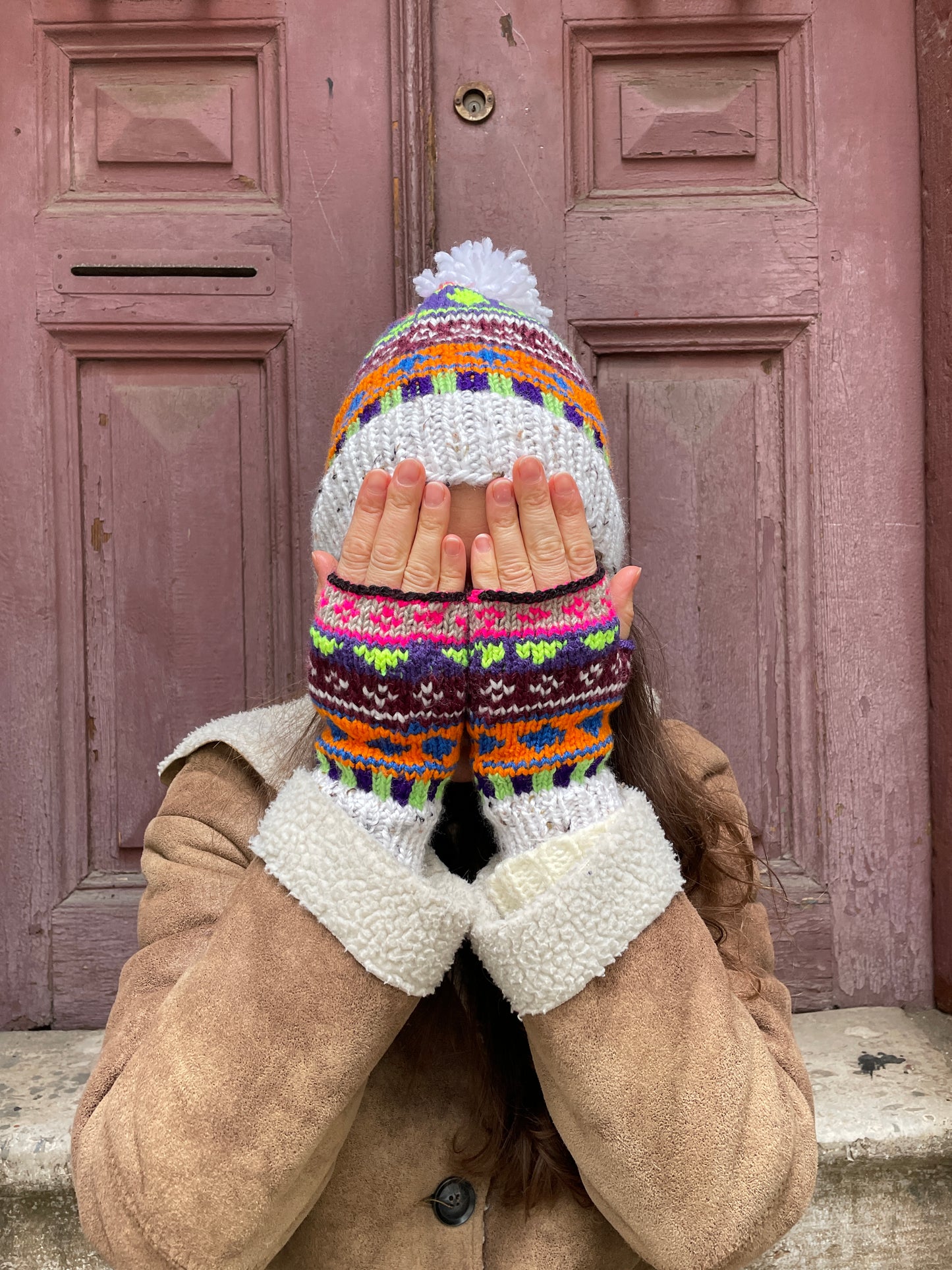 Bohem Krem Turuncu Motifli Yün Bere Eldiven Takımı