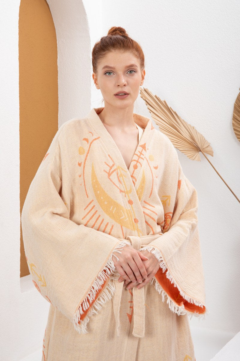 Krem Turuncu Bohem Kadın Göz Desenli Doğal Kumaş Kimono Bornoz Kaftan