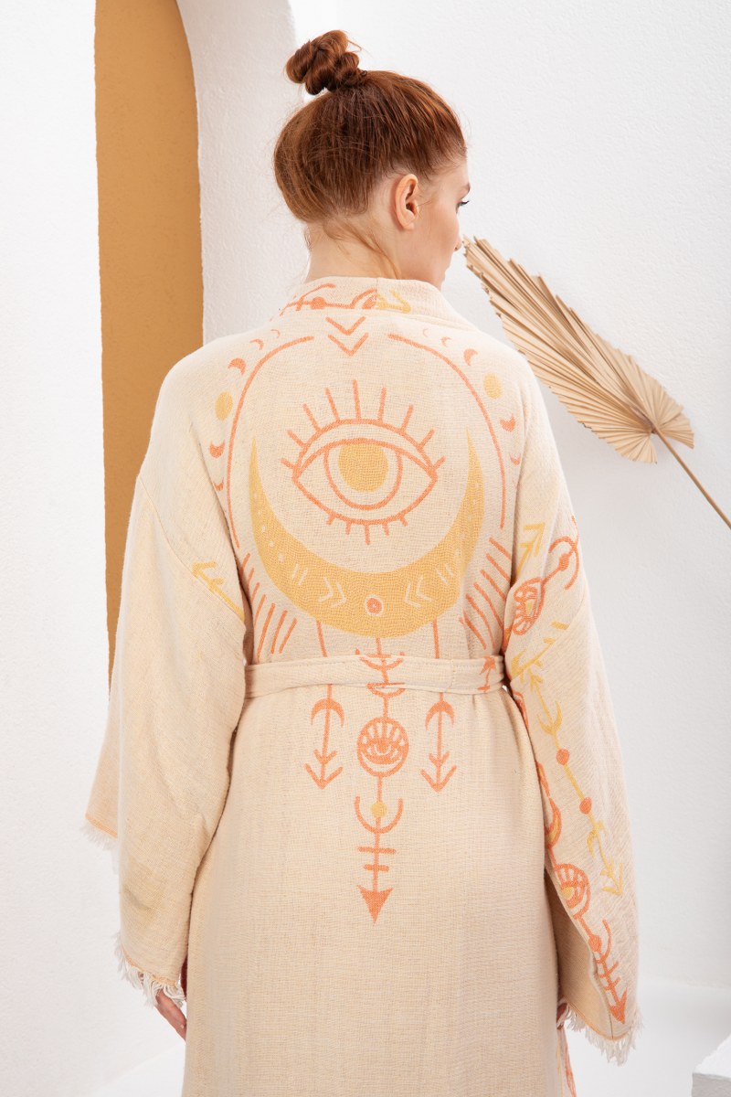 Krem Turuncu Bohem Kadın Göz Desenli Doğal Kumaş Kimono Bornoz Kaftan