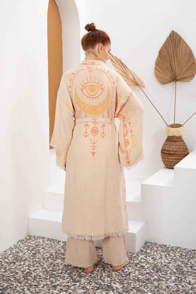 Krem Turuncu Bohem Kadın Göz Desenli Doğal Kumaş Kimono Bornoz Kaftan