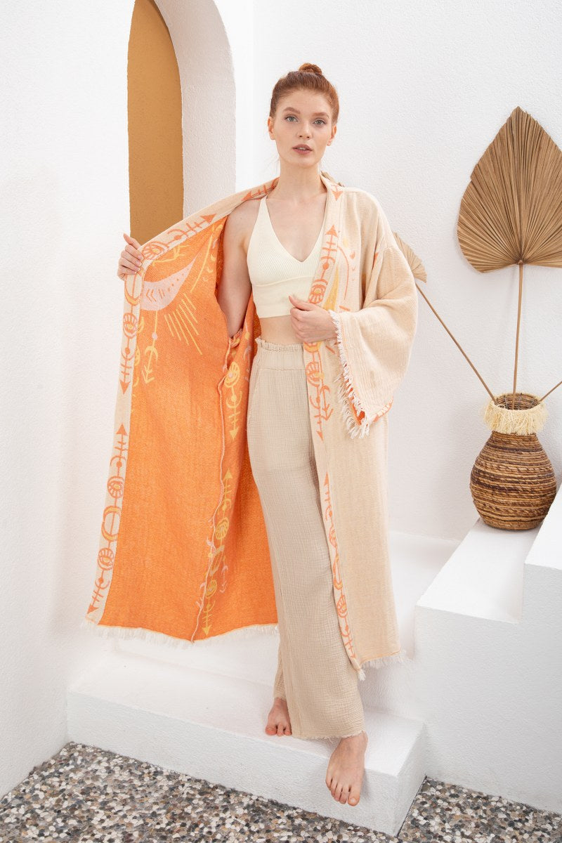 Krem Turuncu Bohem Kadın Göz Desenli Doğal Kumaş Kimono Bornoz Kaftan