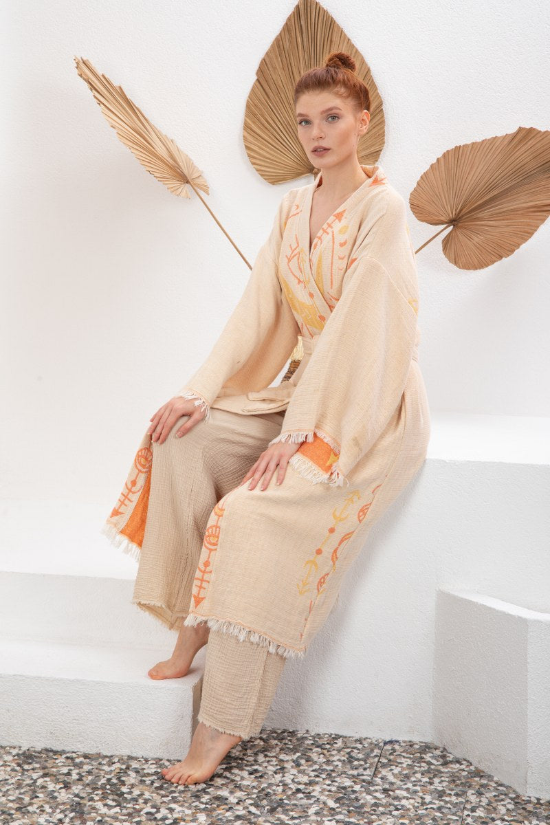 Krem Turuncu Bohem Kadın Göz Desenli Doğal Kumaş Kimono Bornoz Kaftan