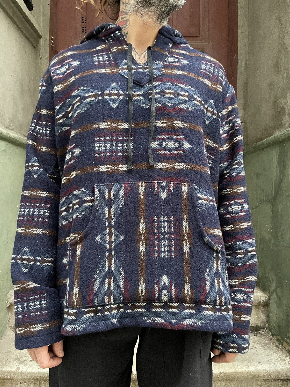 Unisex Laci Etnik Desenli Kışlık Kapüşonlu Sweatshirt