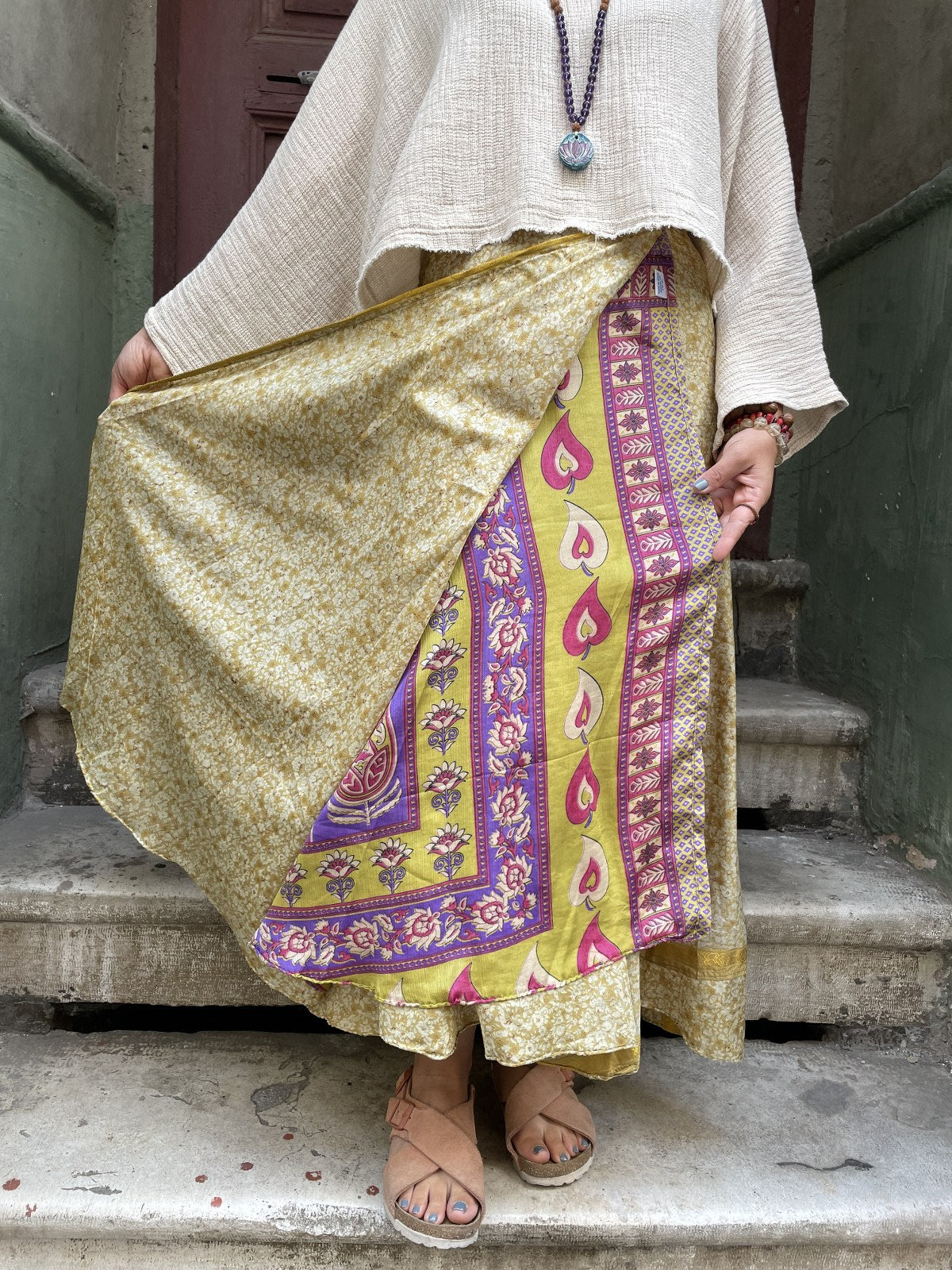 Bohem Çift Taraflı Lila Bej Bağlamalı İpek Etek