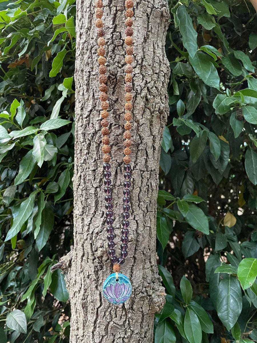 Lotus Sembolü Rudraksha Tohumu Seramik Doğal Tas Mala Kolye