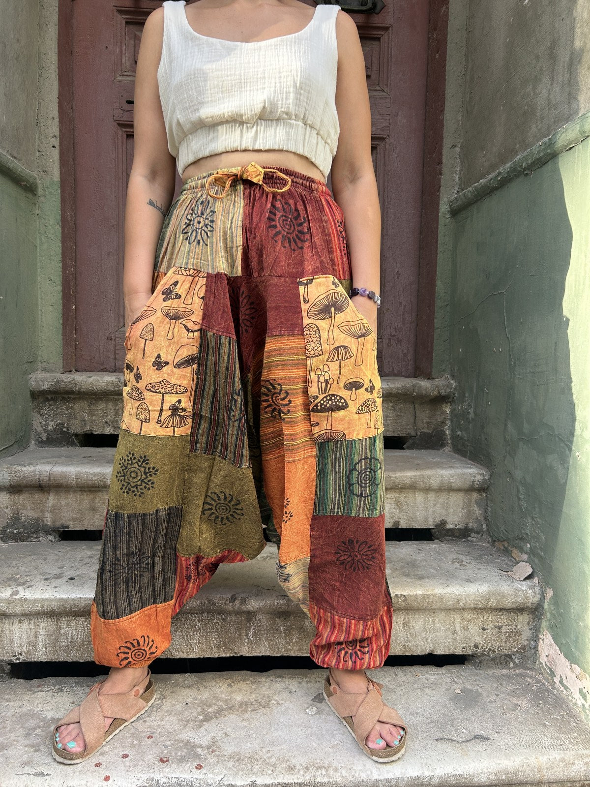 Unisex Nepal Patchwork Mantar Sarı Kadın Pantolon Şalvar