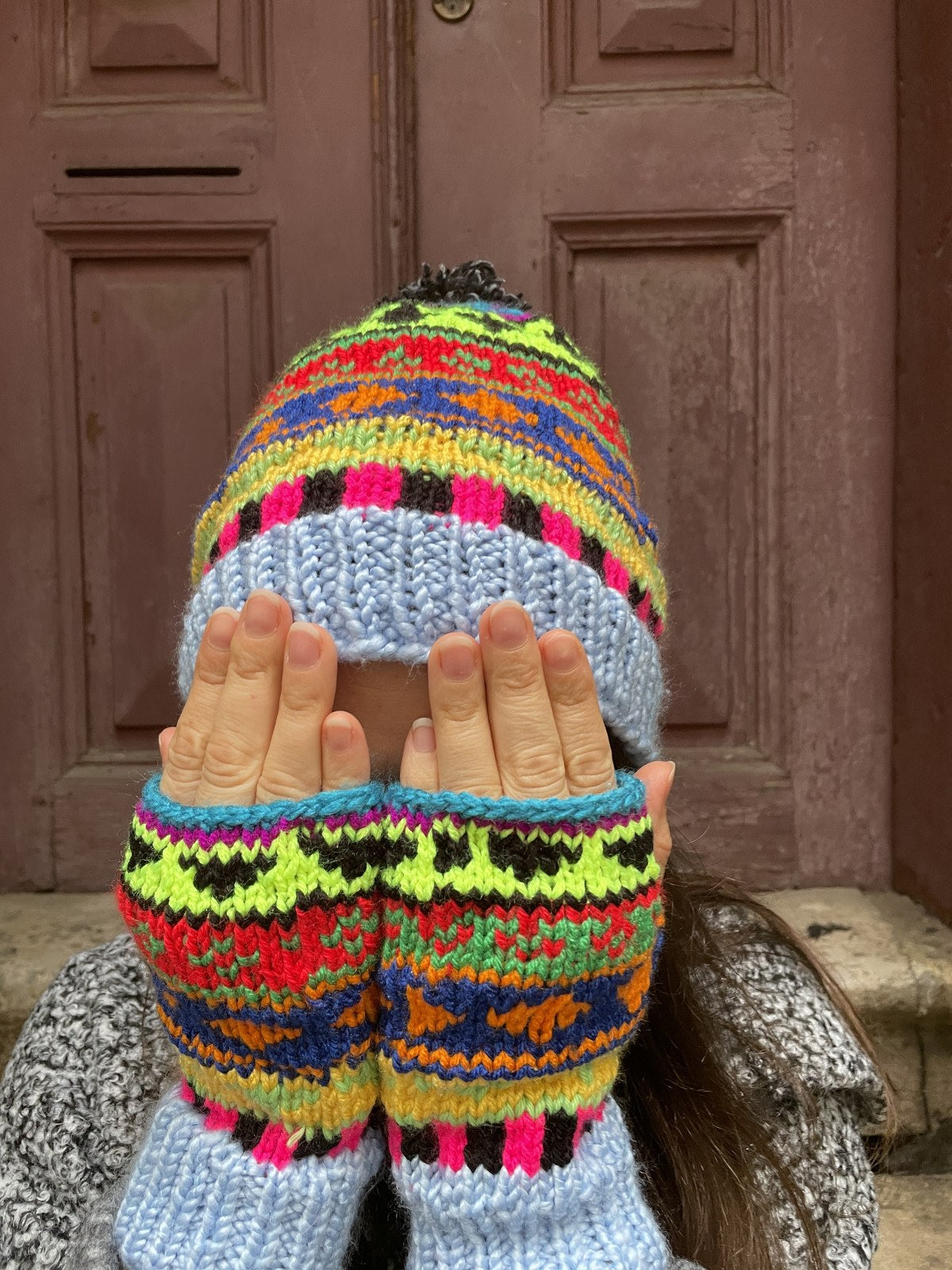 Bohem Mavi Motifli Yün Bere Eldiven Takımı