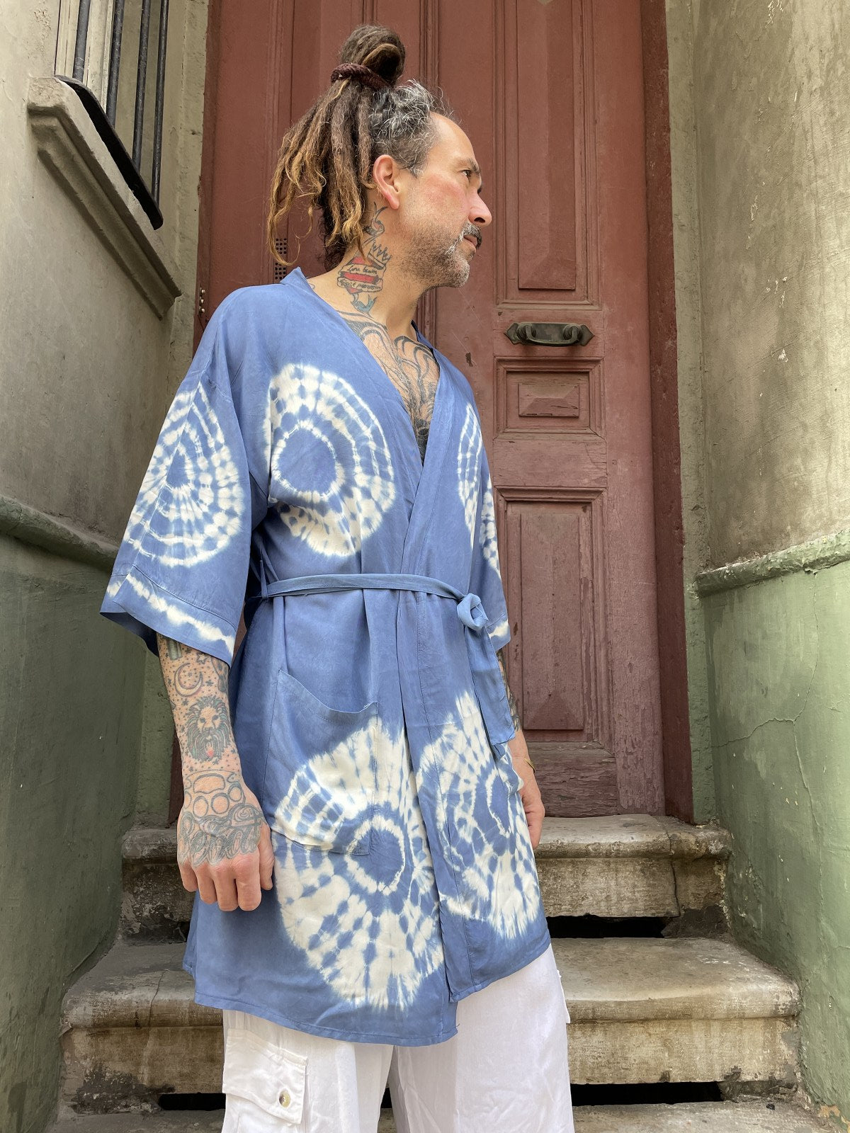 Unisex Bohem Mavi Batik Tasarım Erkek Kimono Ceket