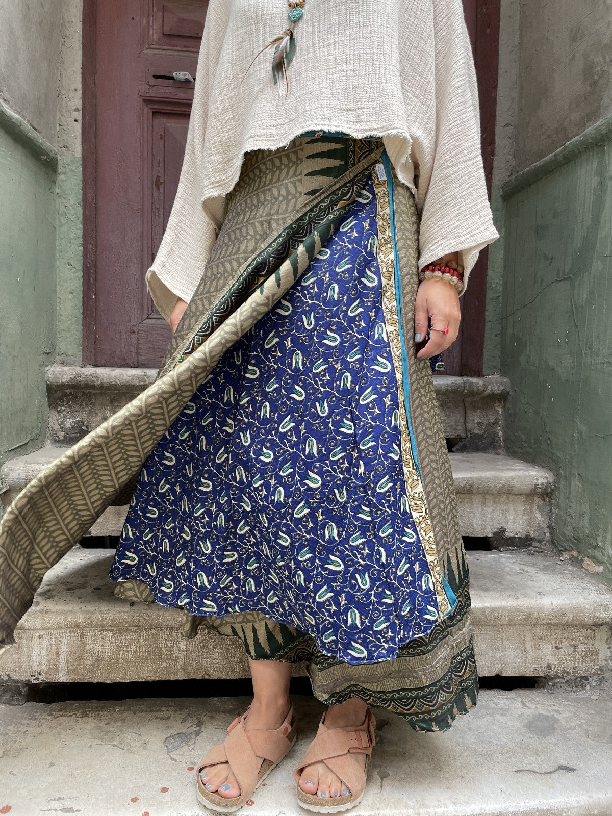 Bohem Çift Taraflı Mavi Kahve Bağlamalı İpek Etek