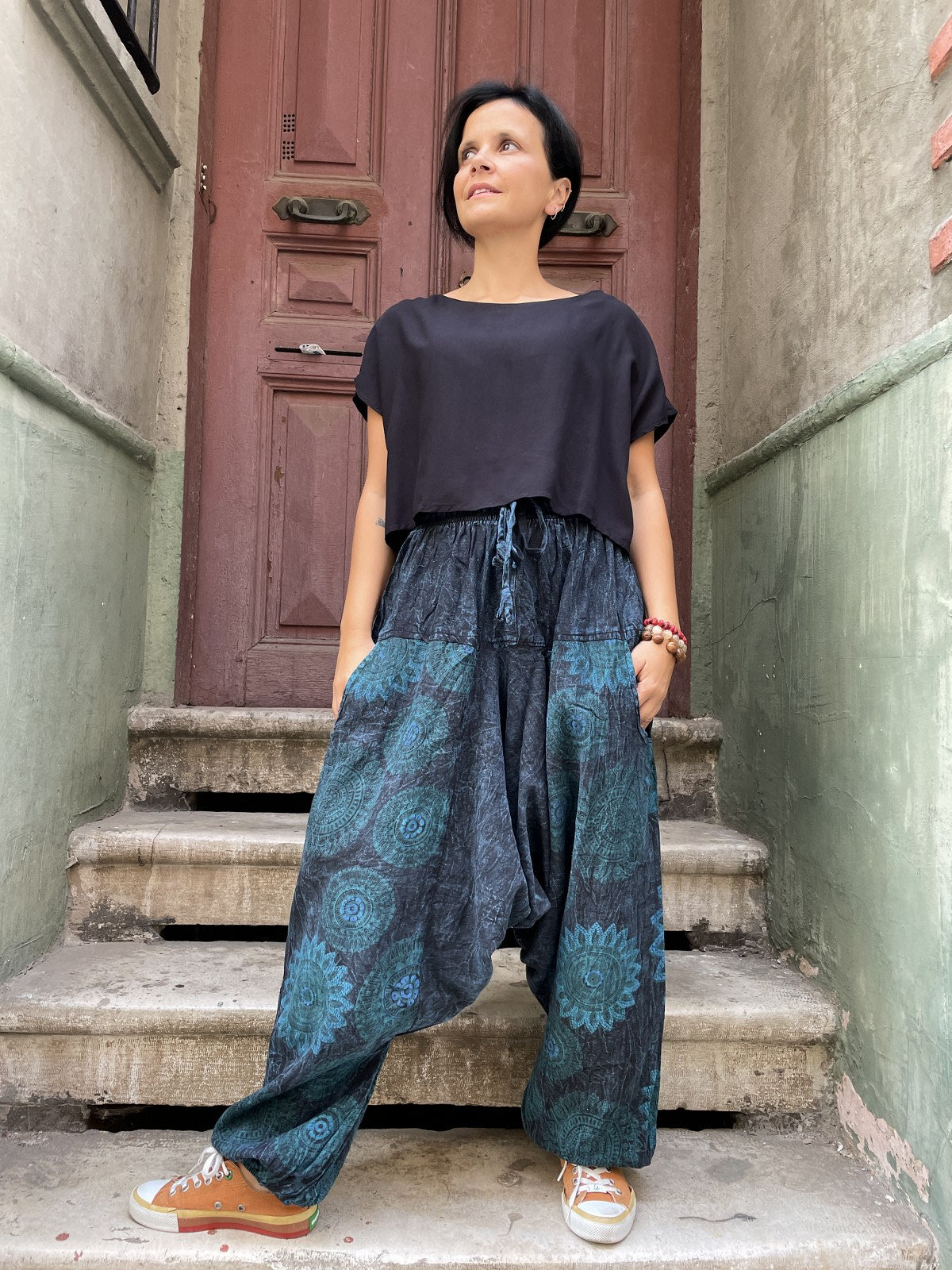 Unisex Nepal Mandala Desenli Bol Kadın Şalvar Pantolon