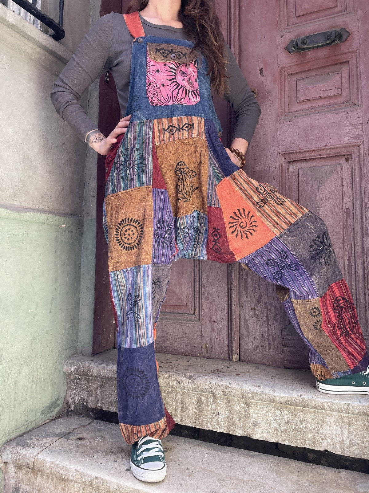 Bohem Mavi Yeşil Nepal Patchwork Tulum