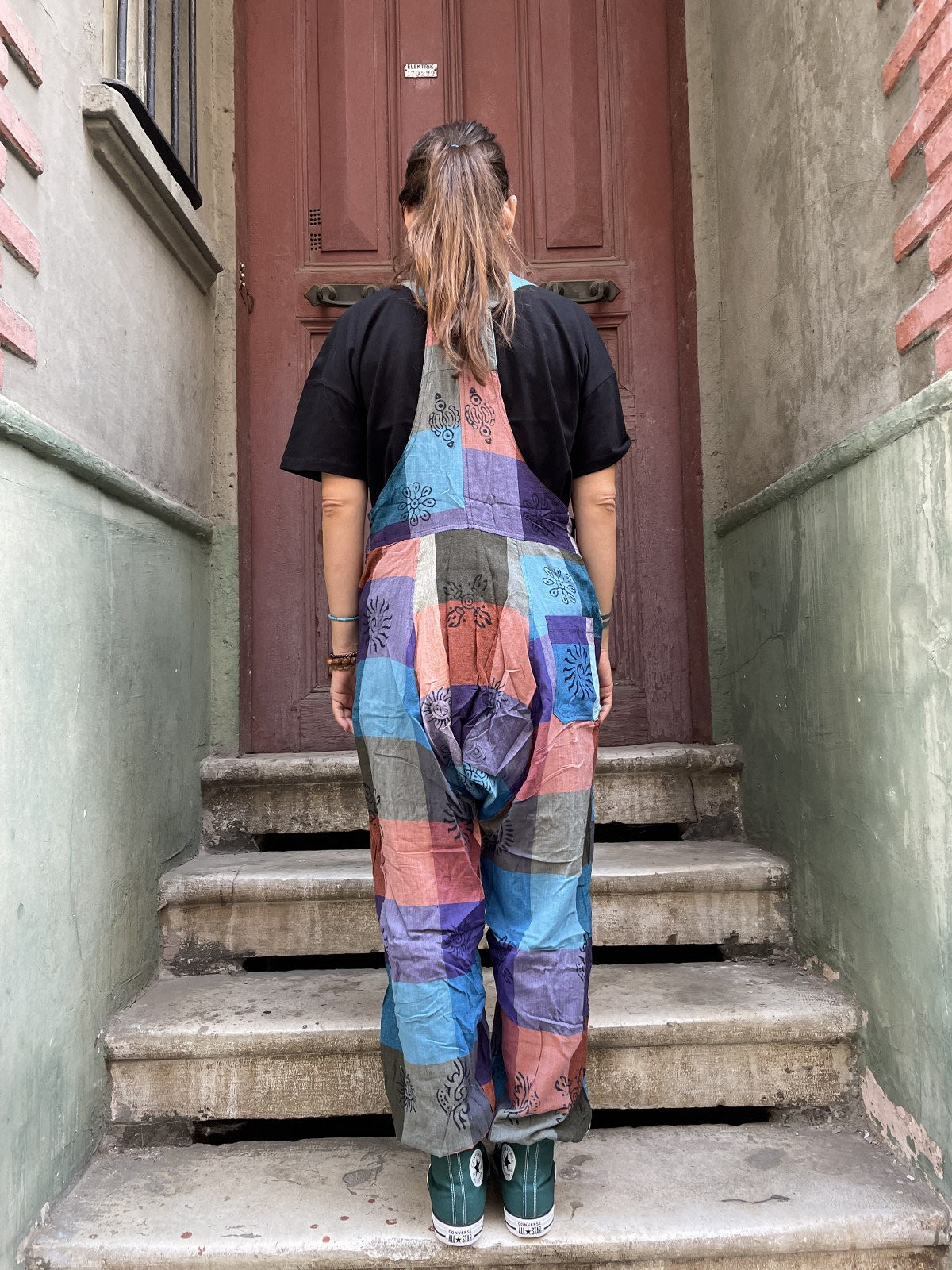 Unisex Nepal Patchwork Mavi Toprak Baskılı Tulum