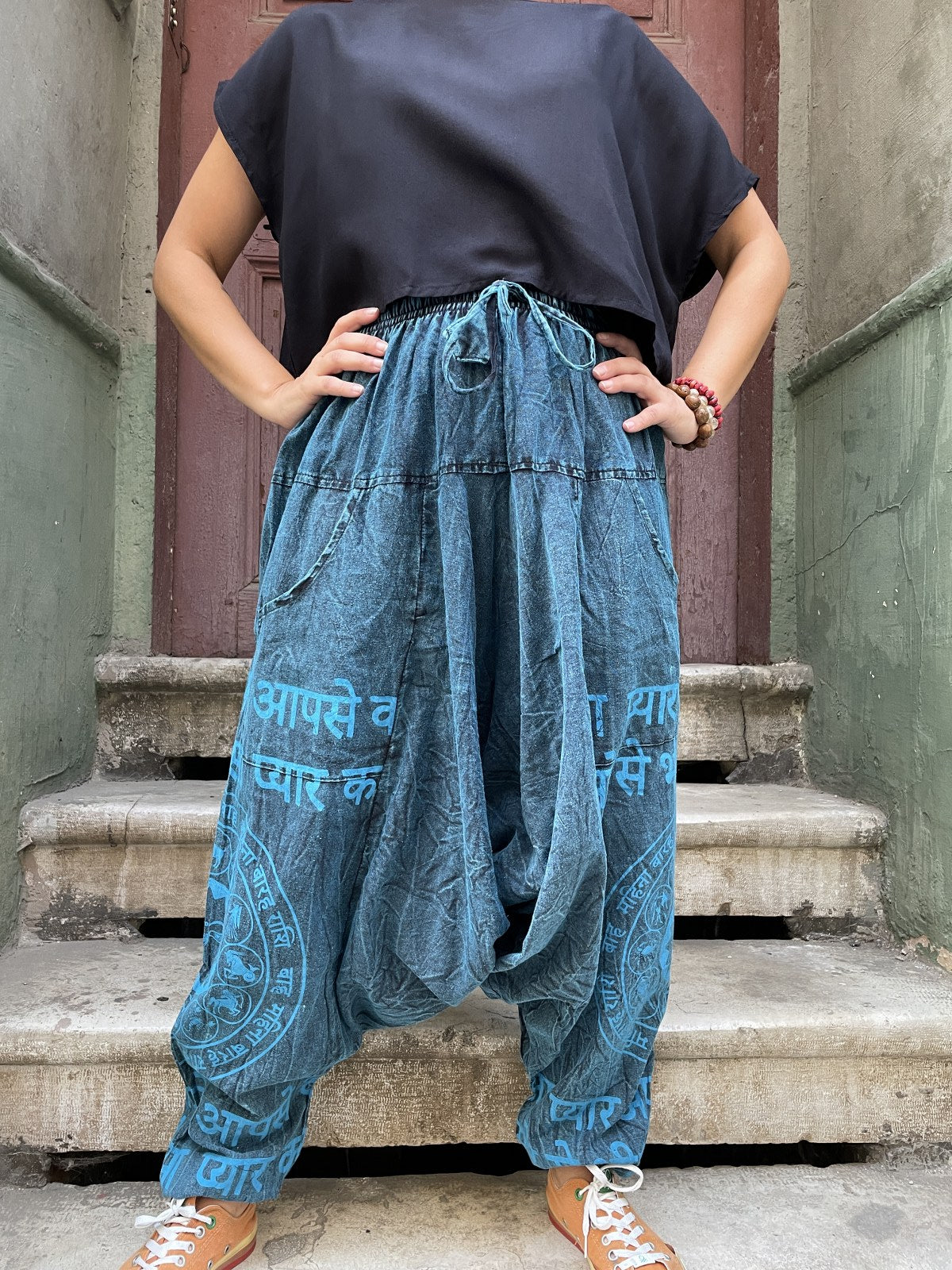 Unisex Nepal Yazılı Desenli Bol Kadın Şalvar Pantolon