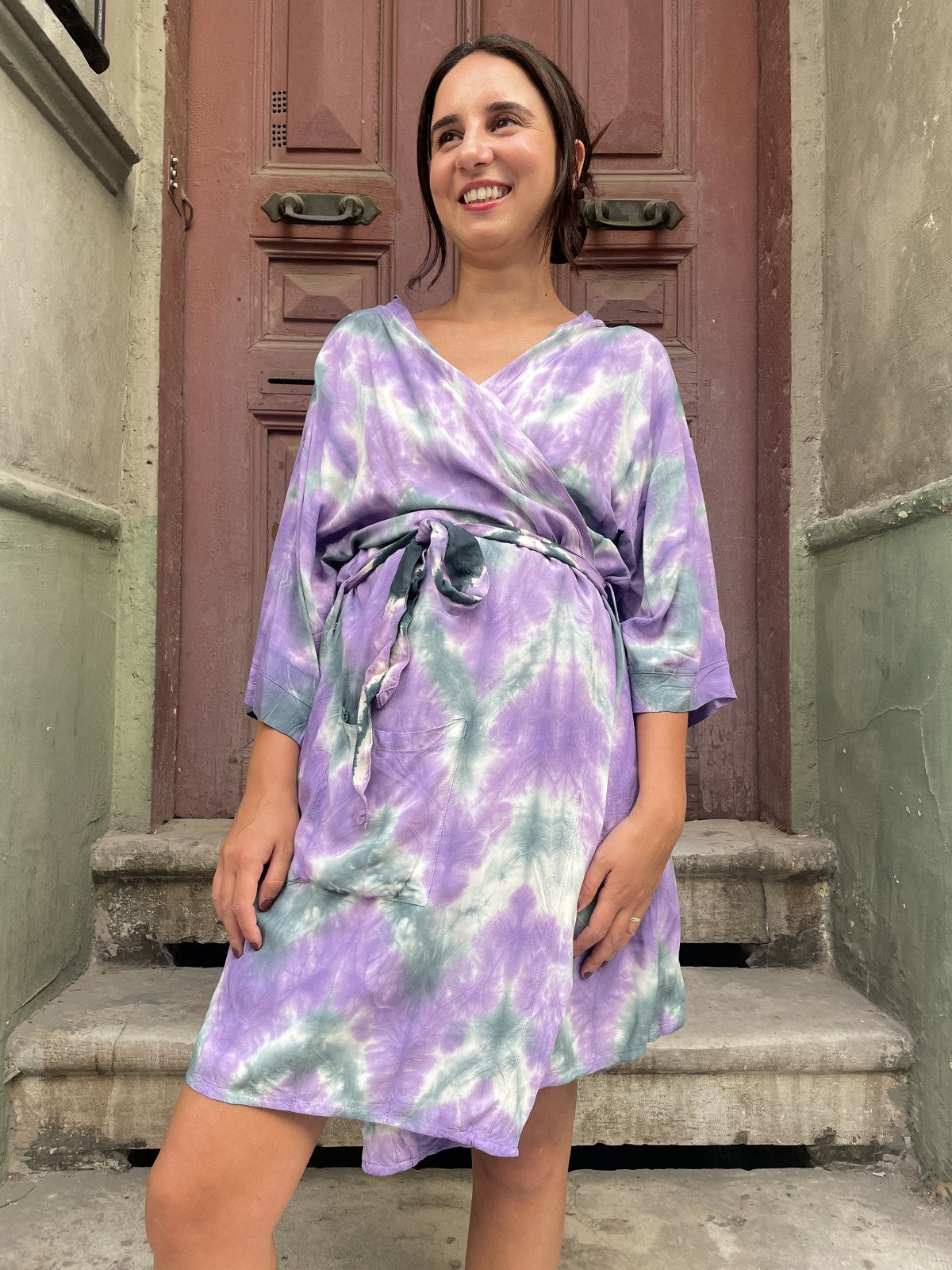 Lila Sky Batik Kimono – El Yapımı %100 Viskon