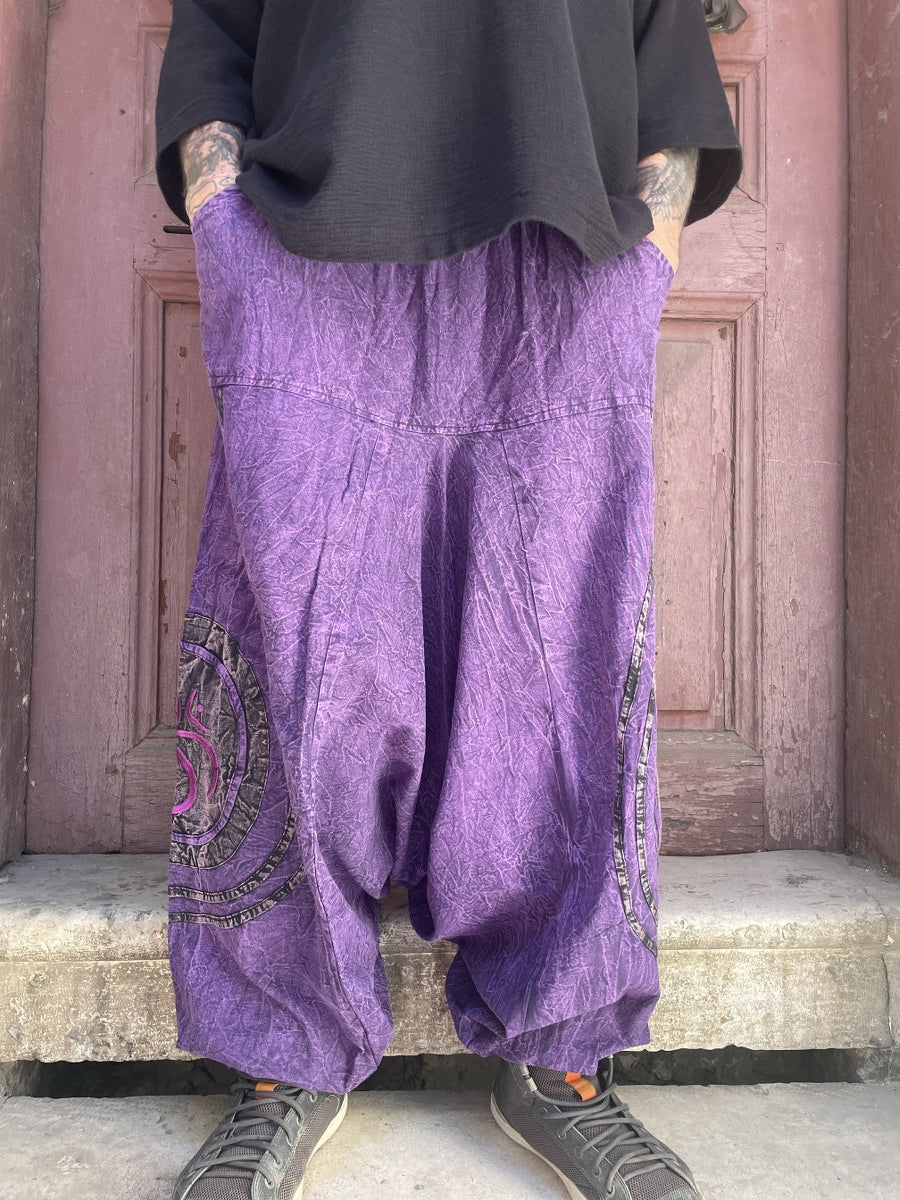 Unisex Bohem Nepal Şalvar Pantolon – Mor Mavi Taşlanmış Kumaş, Aum Desenli