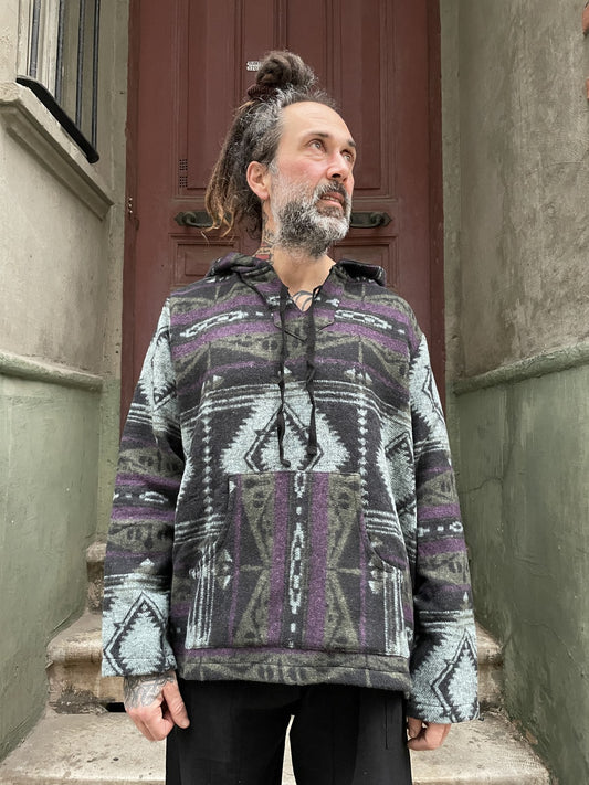 Unisex Etnik Desenli Kışlık Kapüşonlu Sweatshirt