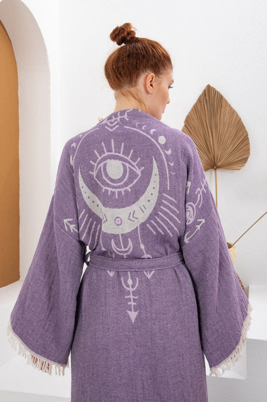 Mor Bohem Kadın Göz Desenli Doğal Kumaş Kimono Bornoz Kaftan