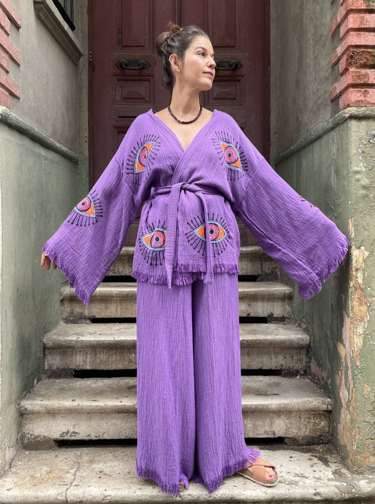 Mor Göz Desenli Bohem Kadın Yoga Doğal Kumaş Kimono Takım Yoga Takımı