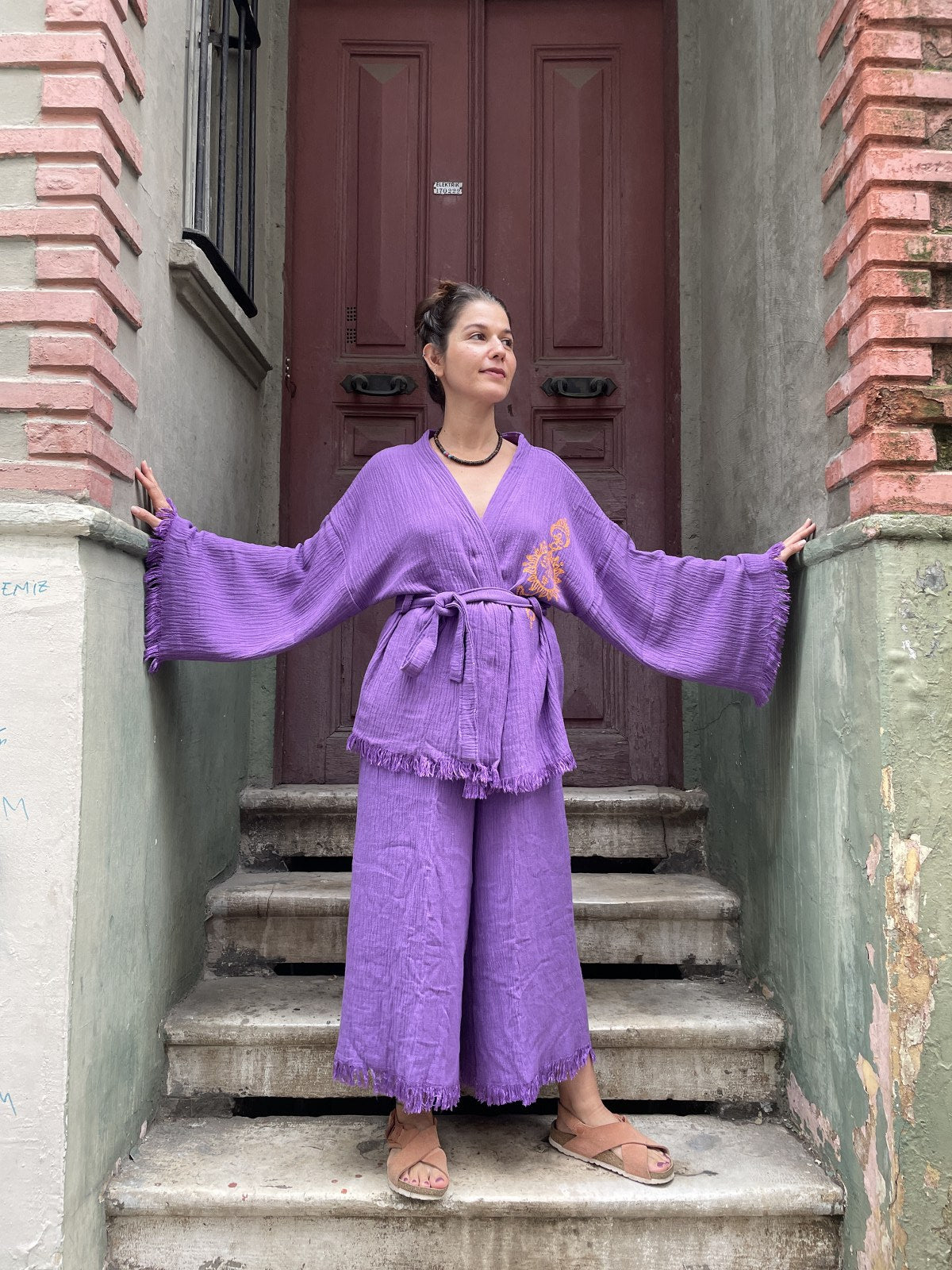 Mor Turuncu Bohem Kadın Yoga Doğal Kumaş Kimono Takım Yoga Takımı