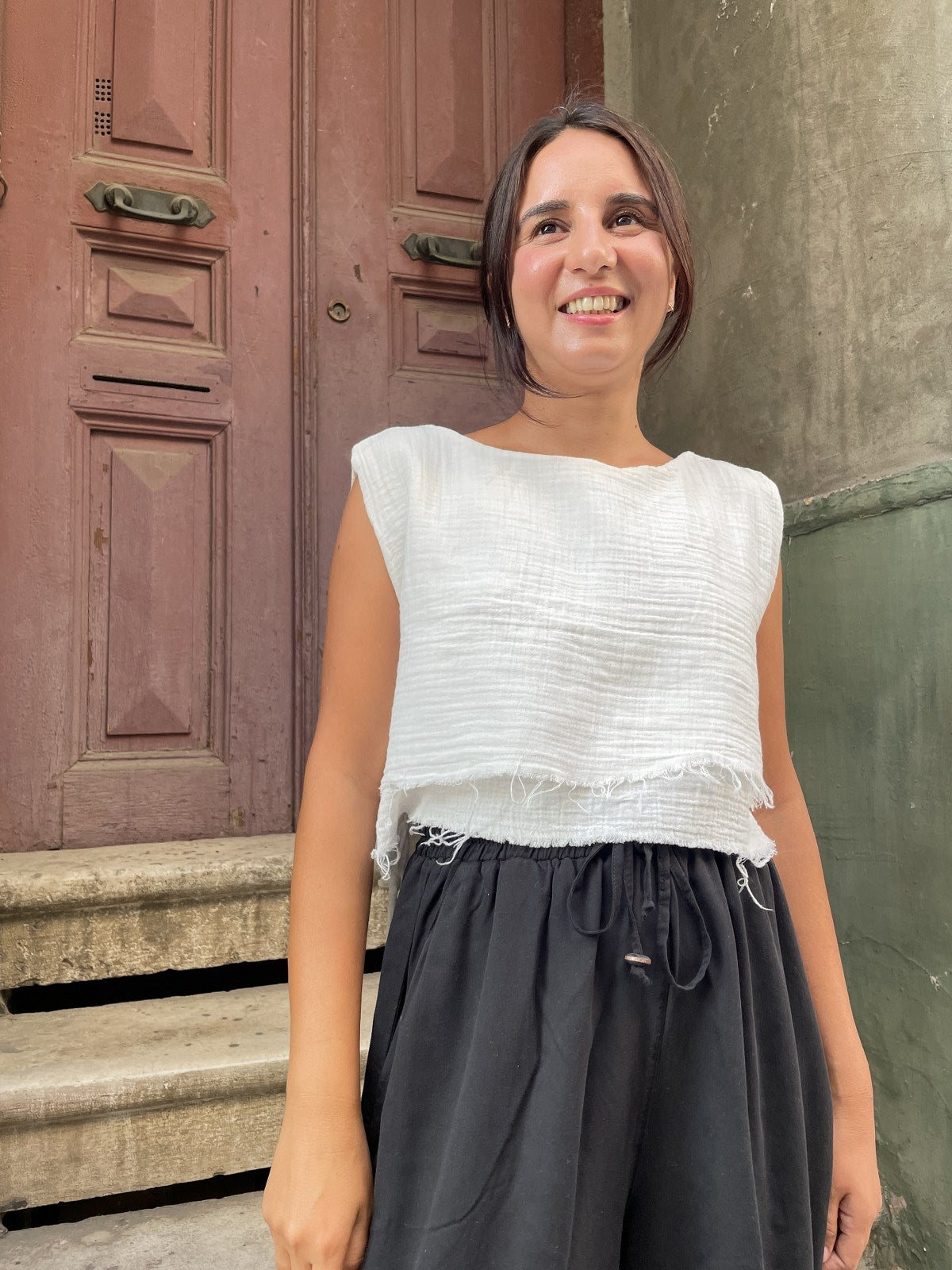 Bohem Müslin Kolsuz Crop Bluz