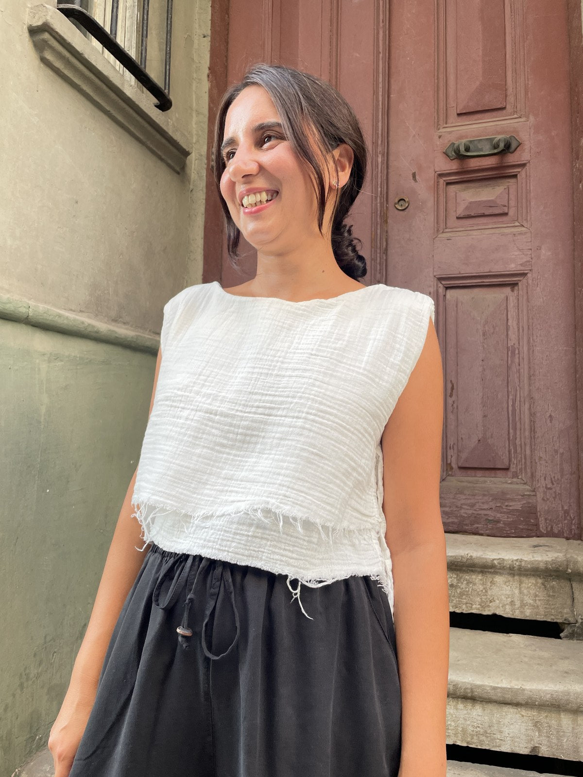 Bohem Müslin Kolsuz Crop Bluz