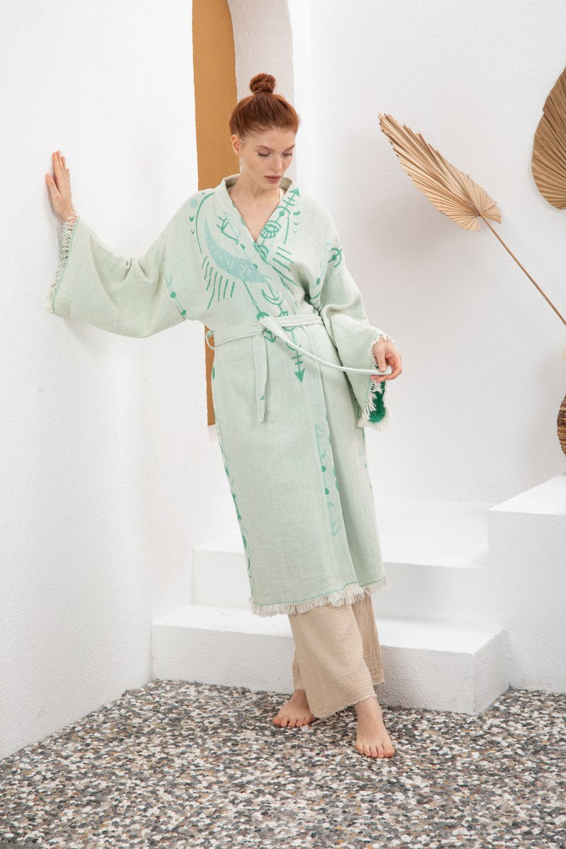 Soft Su Yeşili Bohem Kadın Göz Desenli Doğal Kumaş Kimono Bornoz Kaftan