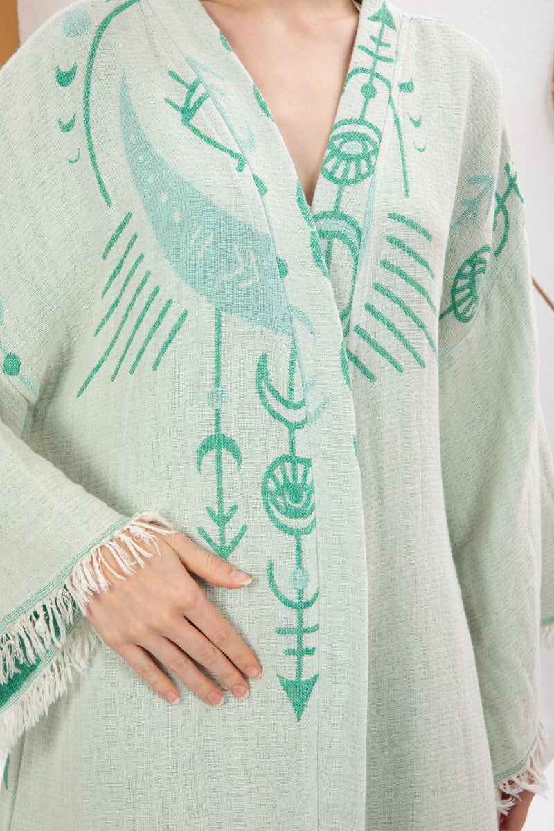 Soft Su Yeşili Bohem Kadın Göz Desenli Doğal Kumaş Kimono Bornoz Kaftan