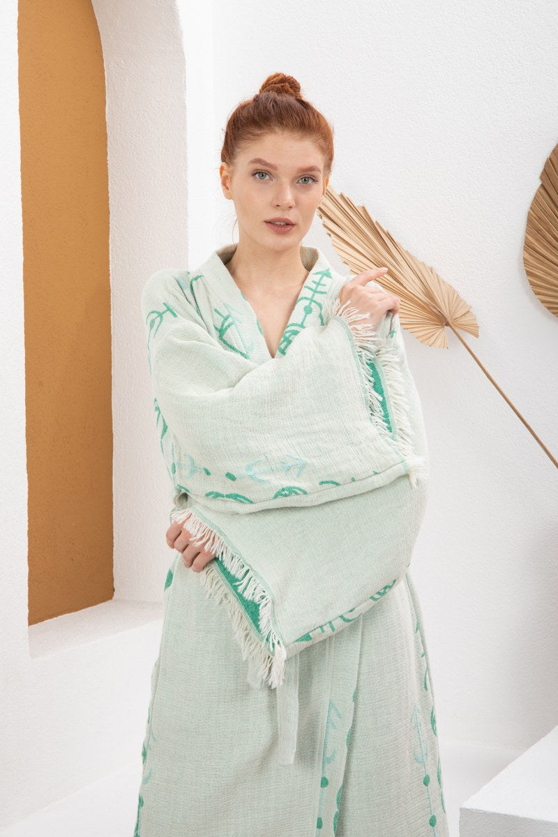 Soft Su Yeşili Bohem Kadın Göz Desenli Doğal Kumaş Kimono Bornoz Kaftan